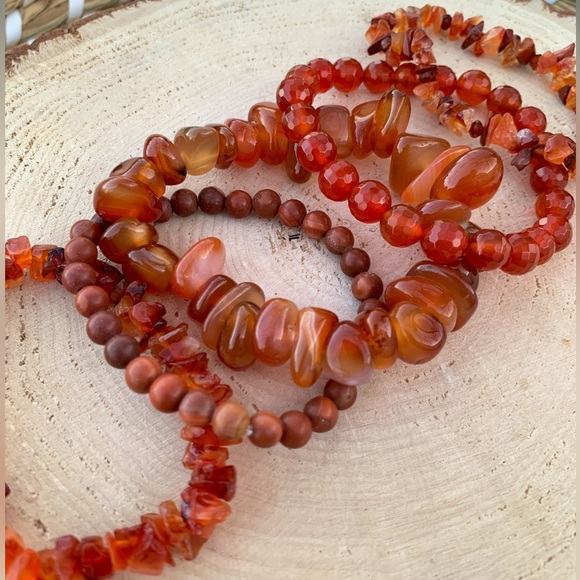 Natural Dark Orange Carnelian & Fire Agate Gemstone Mixed Bead Bracelet Stack - Picture 14 of 14